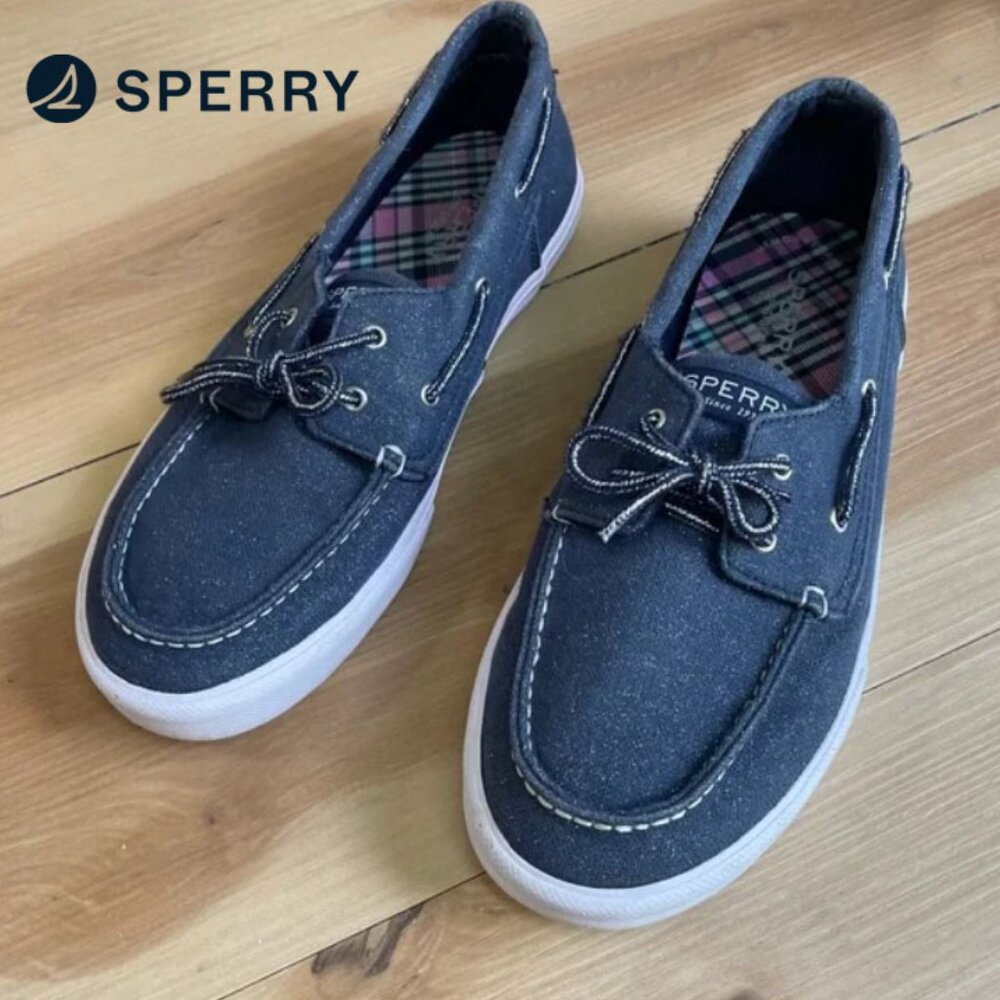 Sperry Women/girl’s Bahama Boat Shoe Slip On Loafer Navy Shimmer Sz 5.5